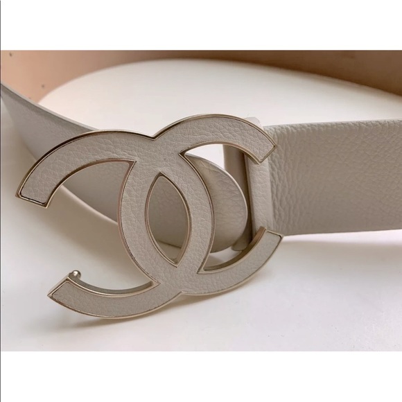 CHANEL 08P RARE ⭐️ Leather Belt Cream Off White Ivory Gold CC Huge Y2K Big Logo - Picture 5 of 16